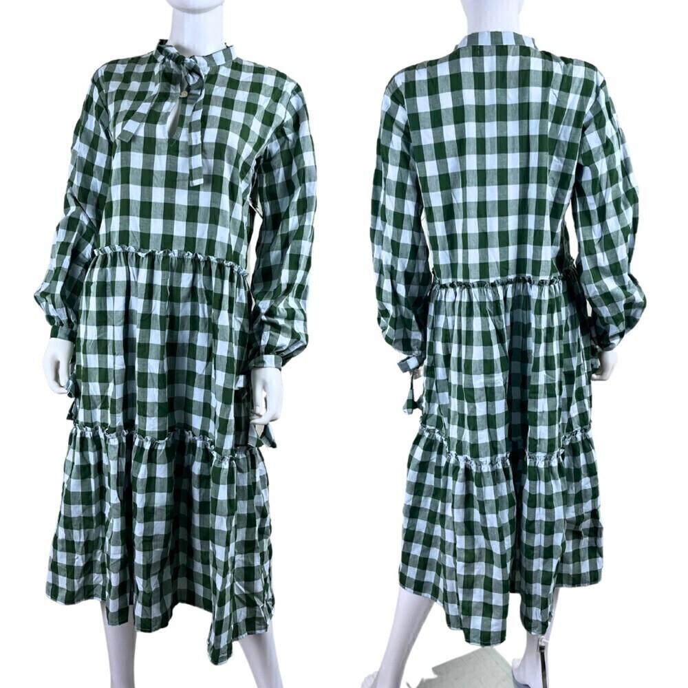 LJC Designs Bellagio Cotton Green Gingham Plaid Peasant Midi NEW Pullover Dress